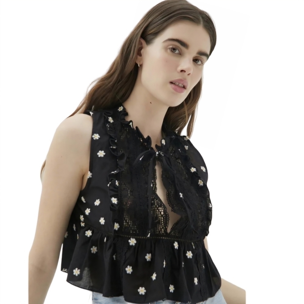 Urban Outfitters Black Floral Tie-Front Top With Lace Trim‎ 100% Cotton Sz S